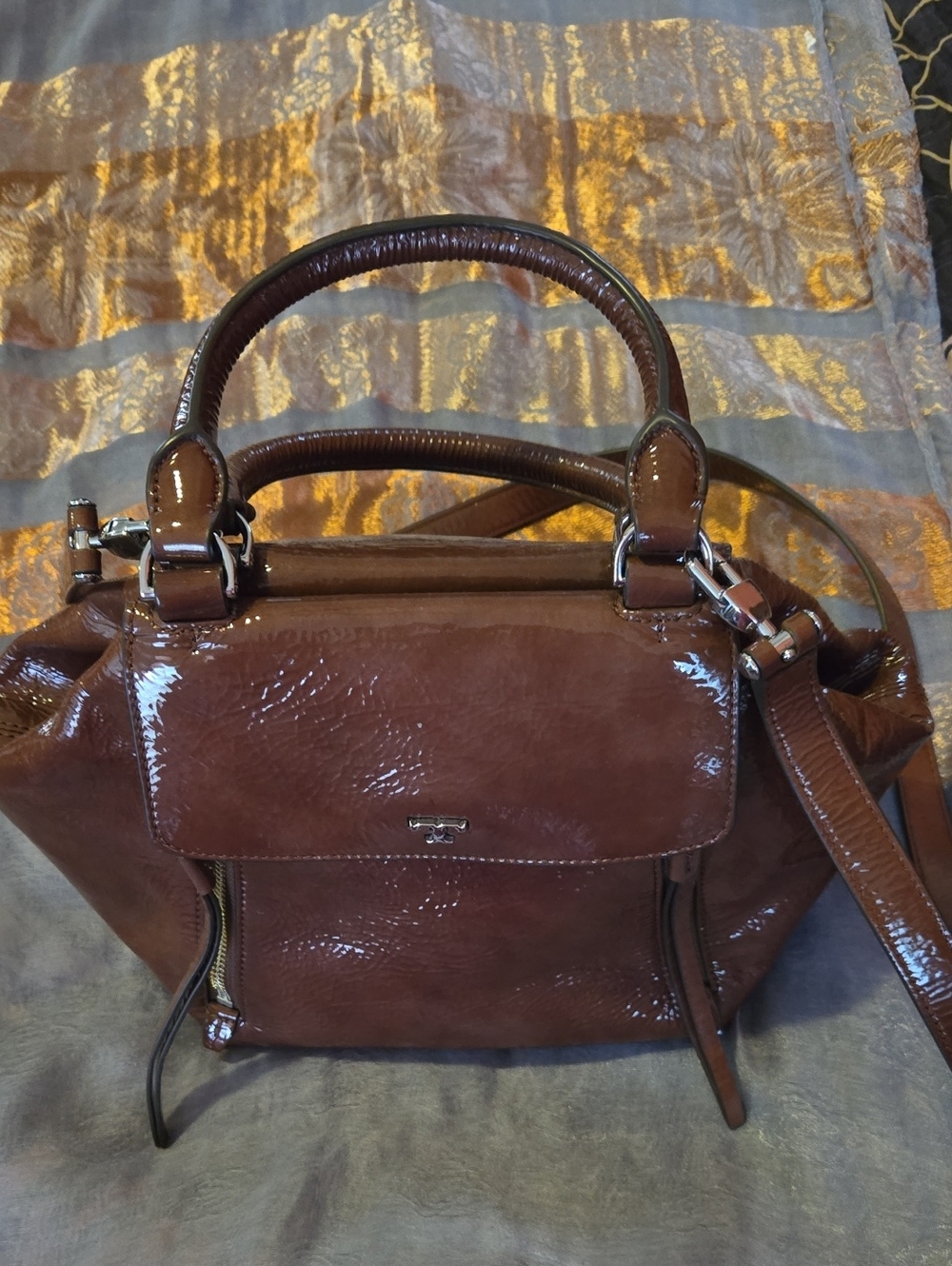 Tory Burch Glossy Brown Patent Leather Satchel with Top Handles